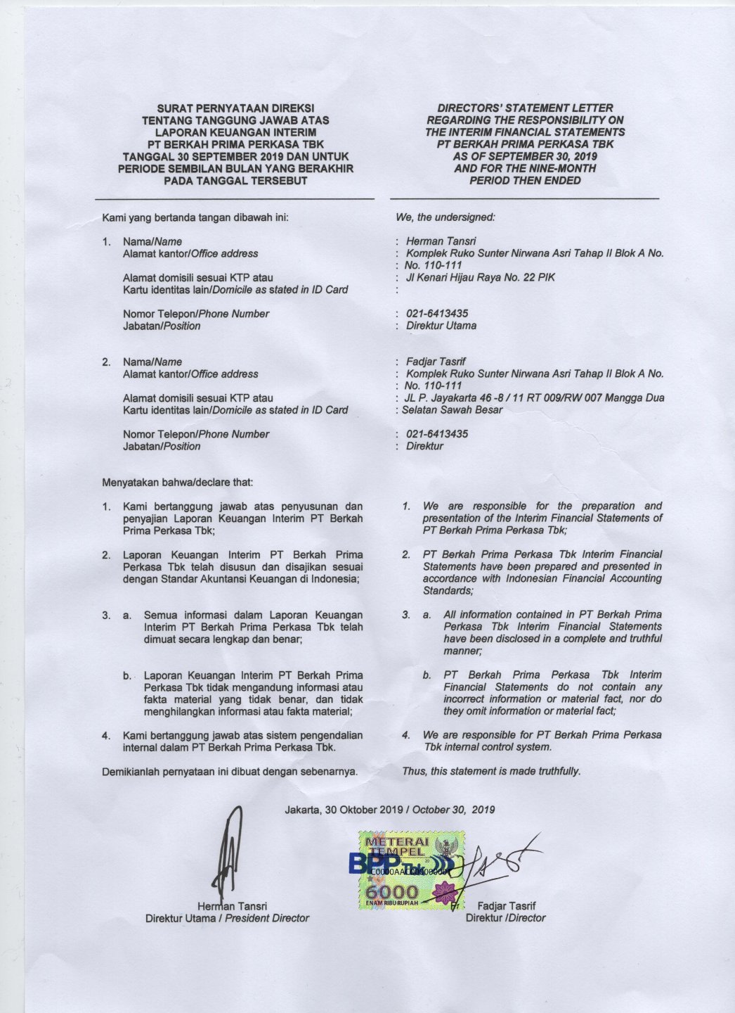 Laporan Keuangan Interim September Unaudited Investor Relation Blueprint Indonesia